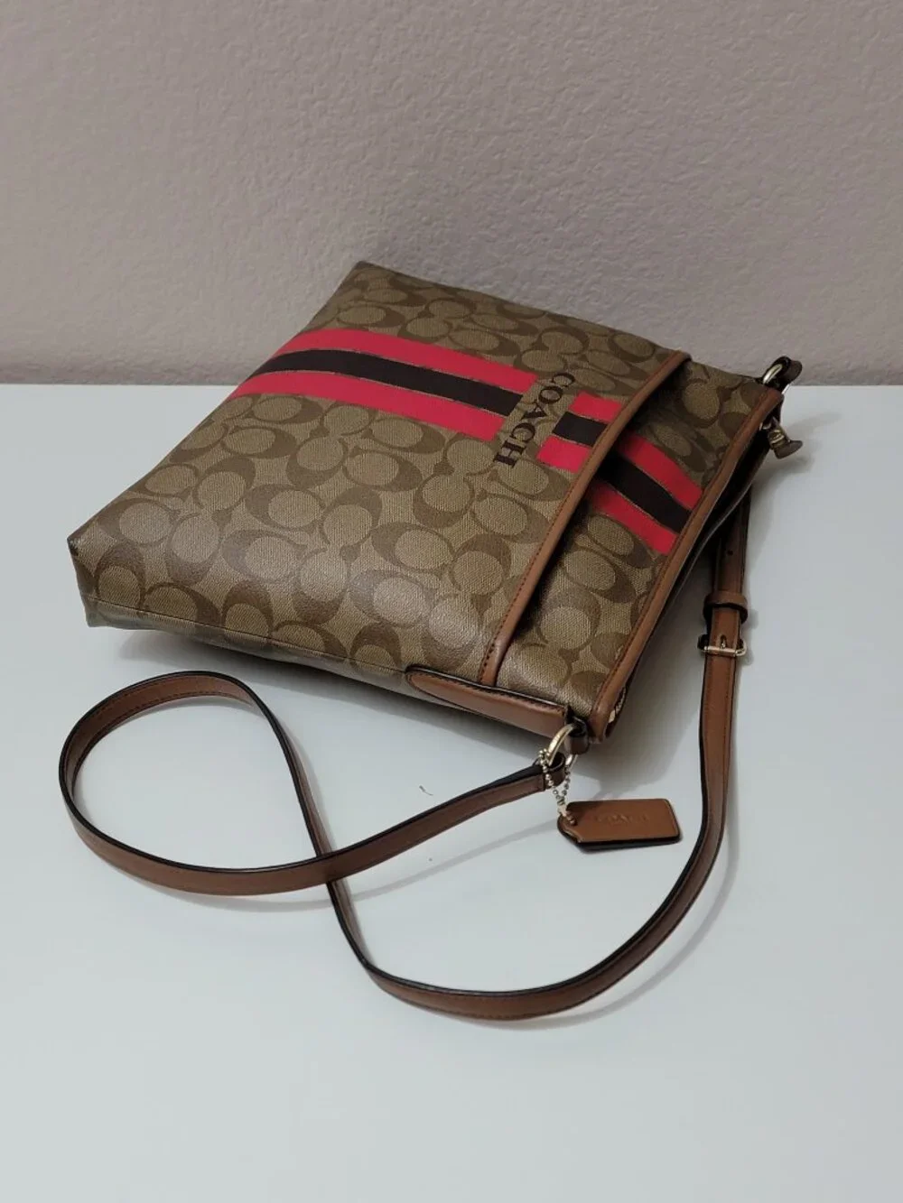 Coach File Bag Varsity Stripe Signature Coach Cross Body Handbag Pink F38402